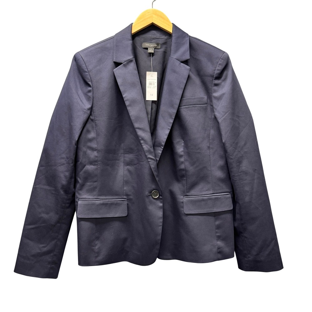 Ann‎ Taylor Blazer Womens 14 Jacket One Button Career Navy Blue Classic NEW